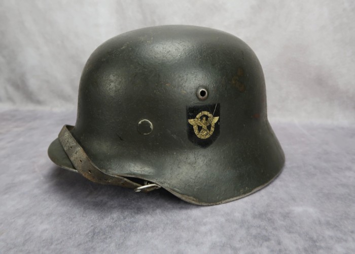 SOLD - NAMED M35 double decal Police helmet w/ chinstrap