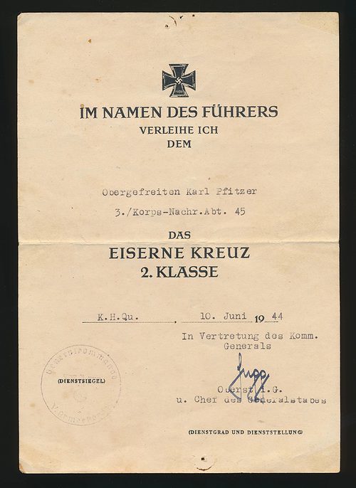 Award Document to the Iron Cross 2nd Class