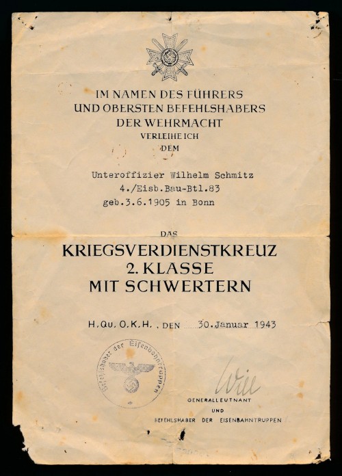 Award Document to the War Merit Cross 2nd Class w/ Swords