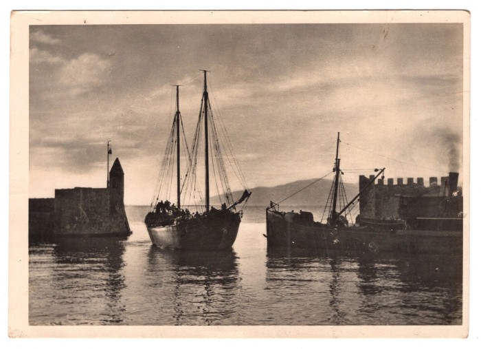 Boat of SS Troops in the Gulf of Patras Postcard