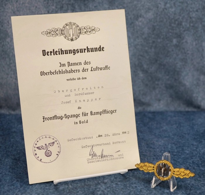 Luftwaffe Bomber Clasp in Gold in Tombak w/ Award Document