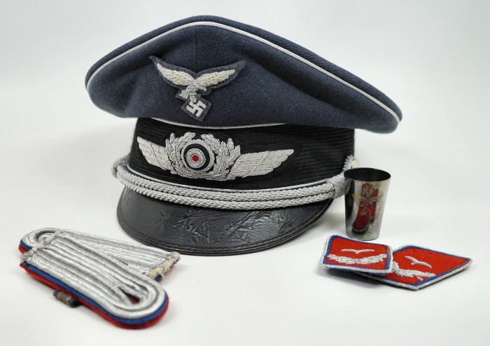 ON HOLD - LAYAWAY - Luftwaffe Officer Visor Cap Grouping w/ Insignia and Schnapps Cup