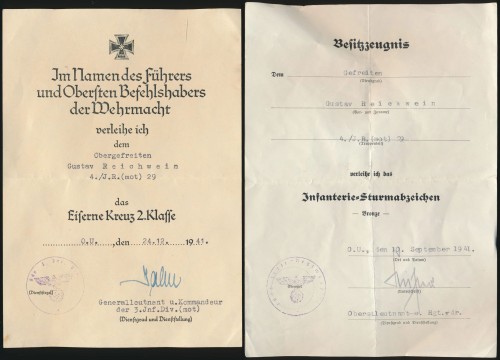 Pair of Award Documents to Motorized Jäger Regiment 29