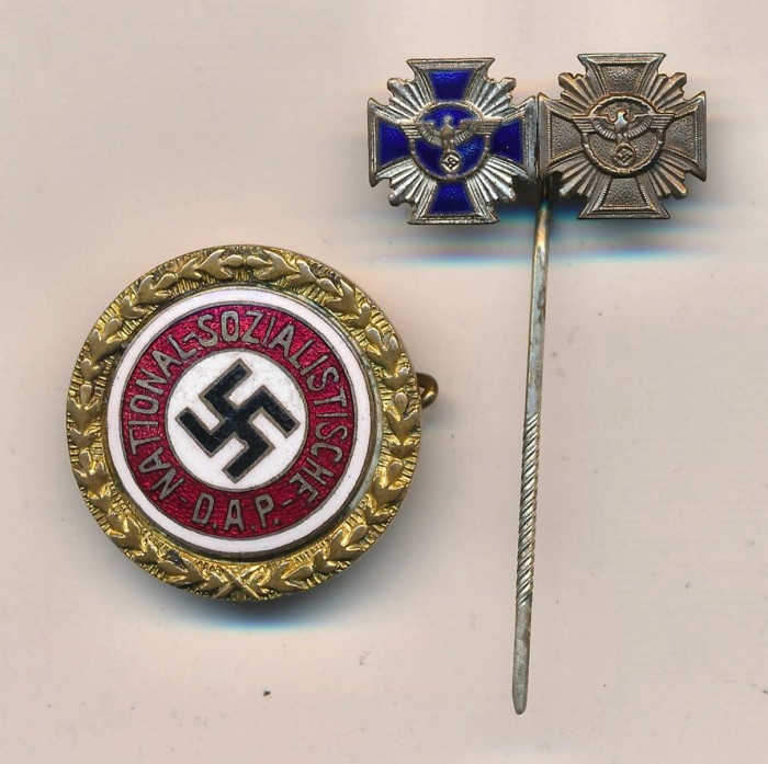 SOLD - 24mm Gold Party Badge w/ NSDAP 15 Year Service Stickpin