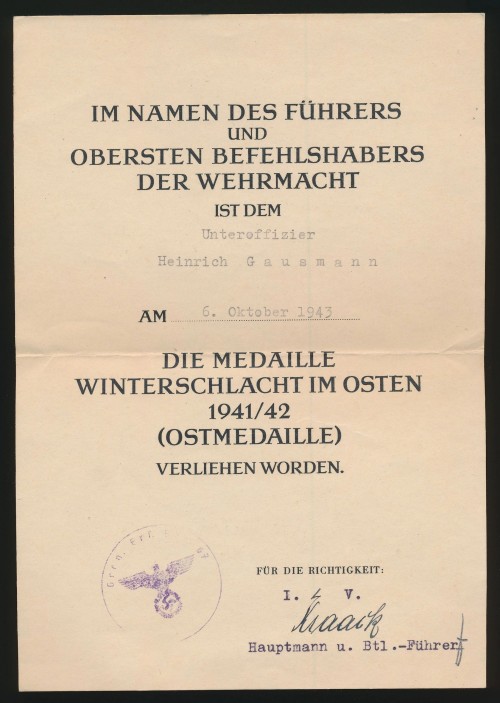 SOLD - Award Document to the Eastern Front Medal