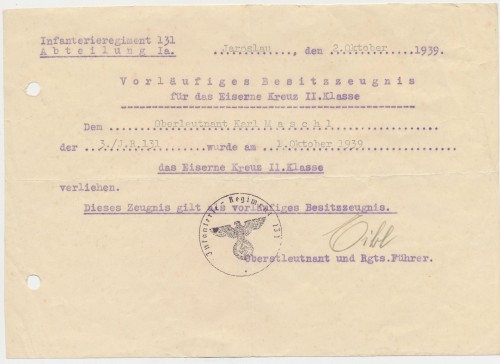 SOLD - Award Document to the Iron Cross 2nd Class