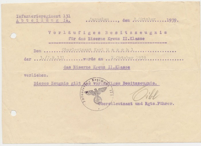 SOLD - Award Document to the Iron Cross 2nd Class