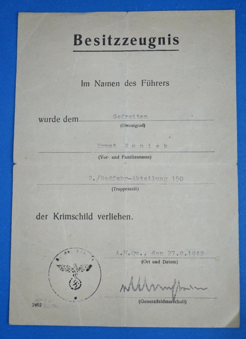 SOLD - Award Document to the Krim Shield