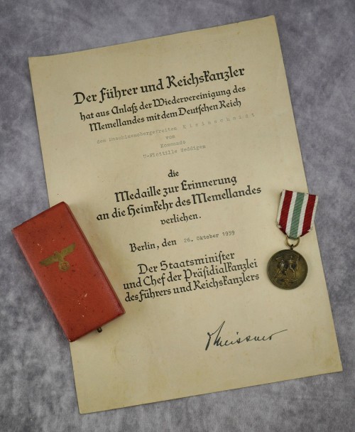 SOLD - Cased Memel Medal w/ Award Document to a U-Boat Man
