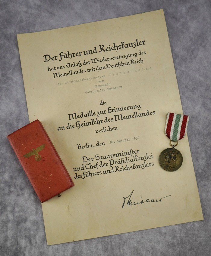 SOLD - Cased Memel Medal w/ Award Document to a U-Boat Man