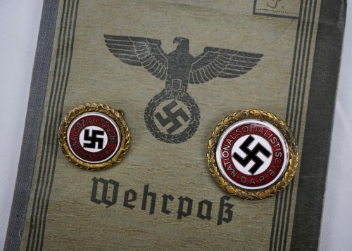 SOLD - Fully Researched Early Pair of Gold Party Badges w/ Wehrpass