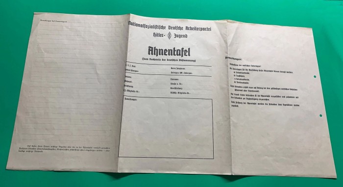 SOLD - Hitler Youth Ahnentafel Family Lineage Document