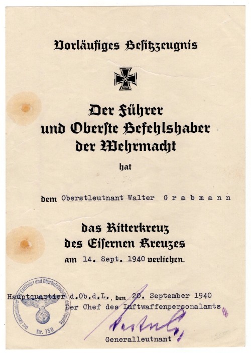 SOLD - Knights Cross of the Iron Cross Document Awarded to Ace Walter Grabmann