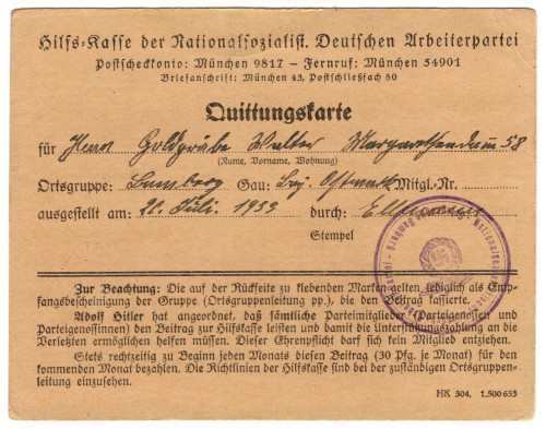 SOLD - NSDAP Quittungskarte