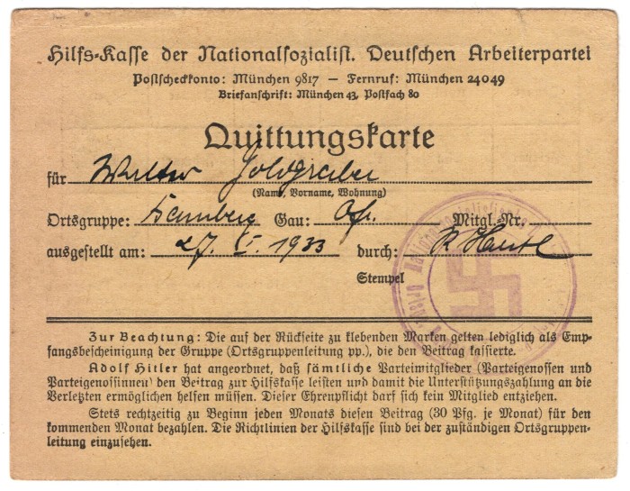 SOLD - NSDAP Quittungskarte