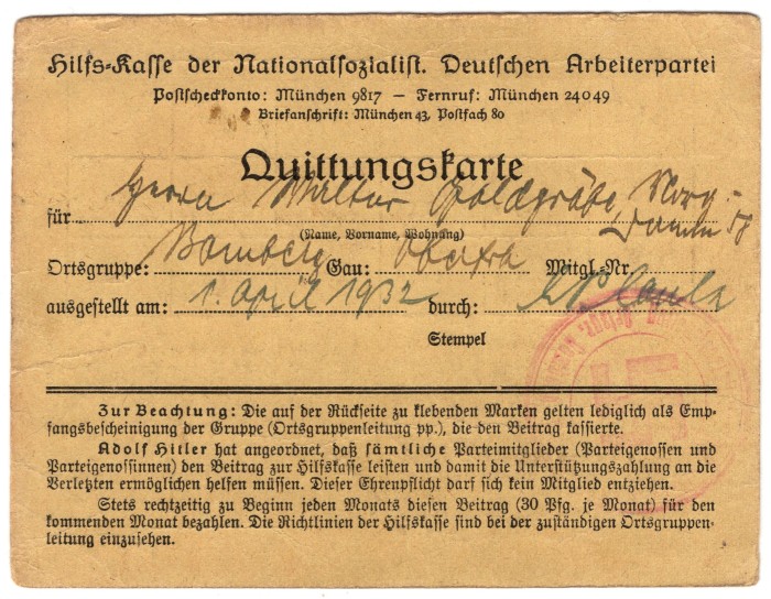 SOLD - NSDAP Quittungskarte