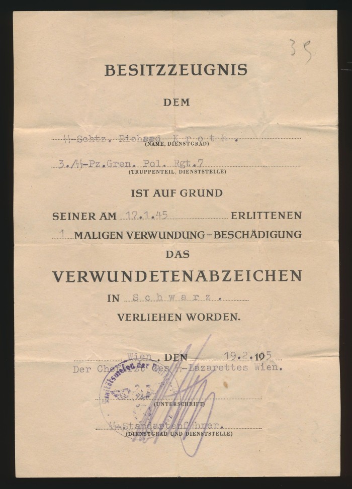 SOLD - SS Award Document to the Wound Badge in Black