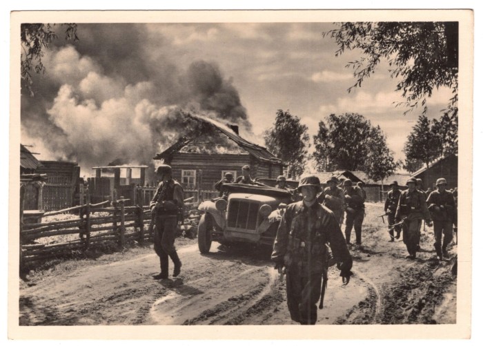 SOLD - SS Troops in Burnt Out Village Postcard