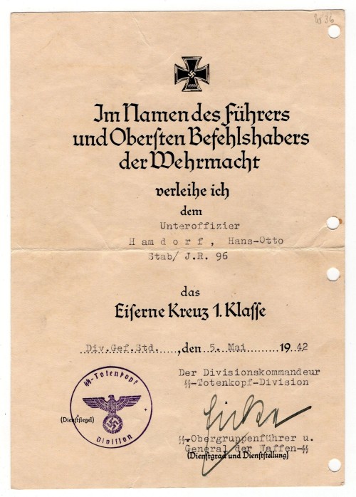 SS General Eicke Signed Award Document for the Iron Cross 1st Class