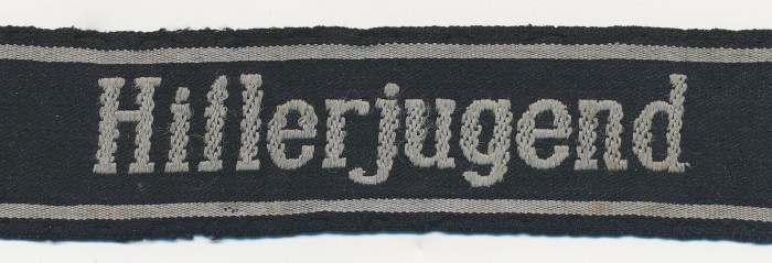 WITHDRAWN - COMBAT WORN and UNIFORM REMOVED Waffen-SS Hitler Jugend Cuff Title in Bevo