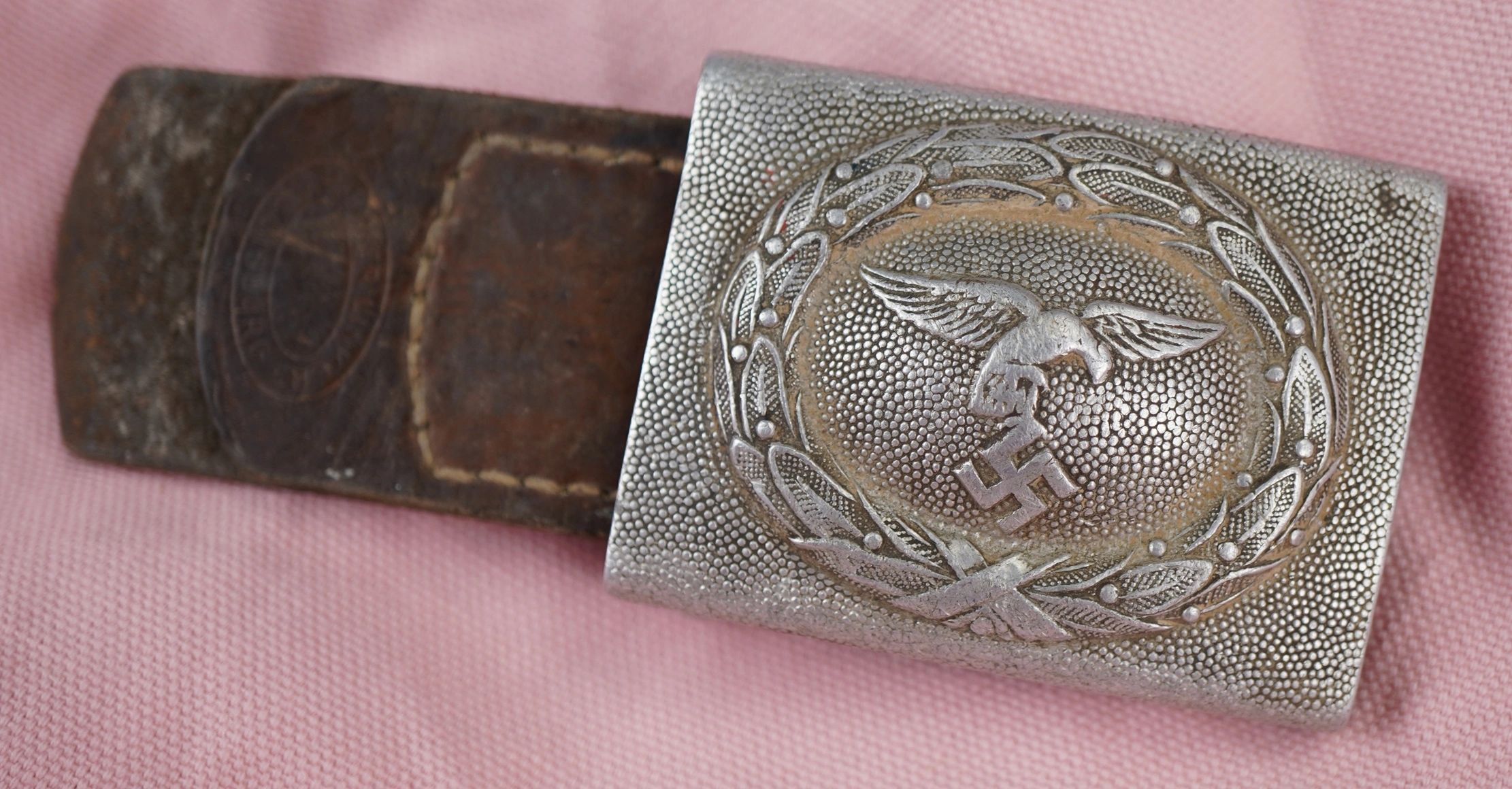 Early Luftwaffe Droop-Tail Belt Buckle w/ Unit Marked Leather Tab