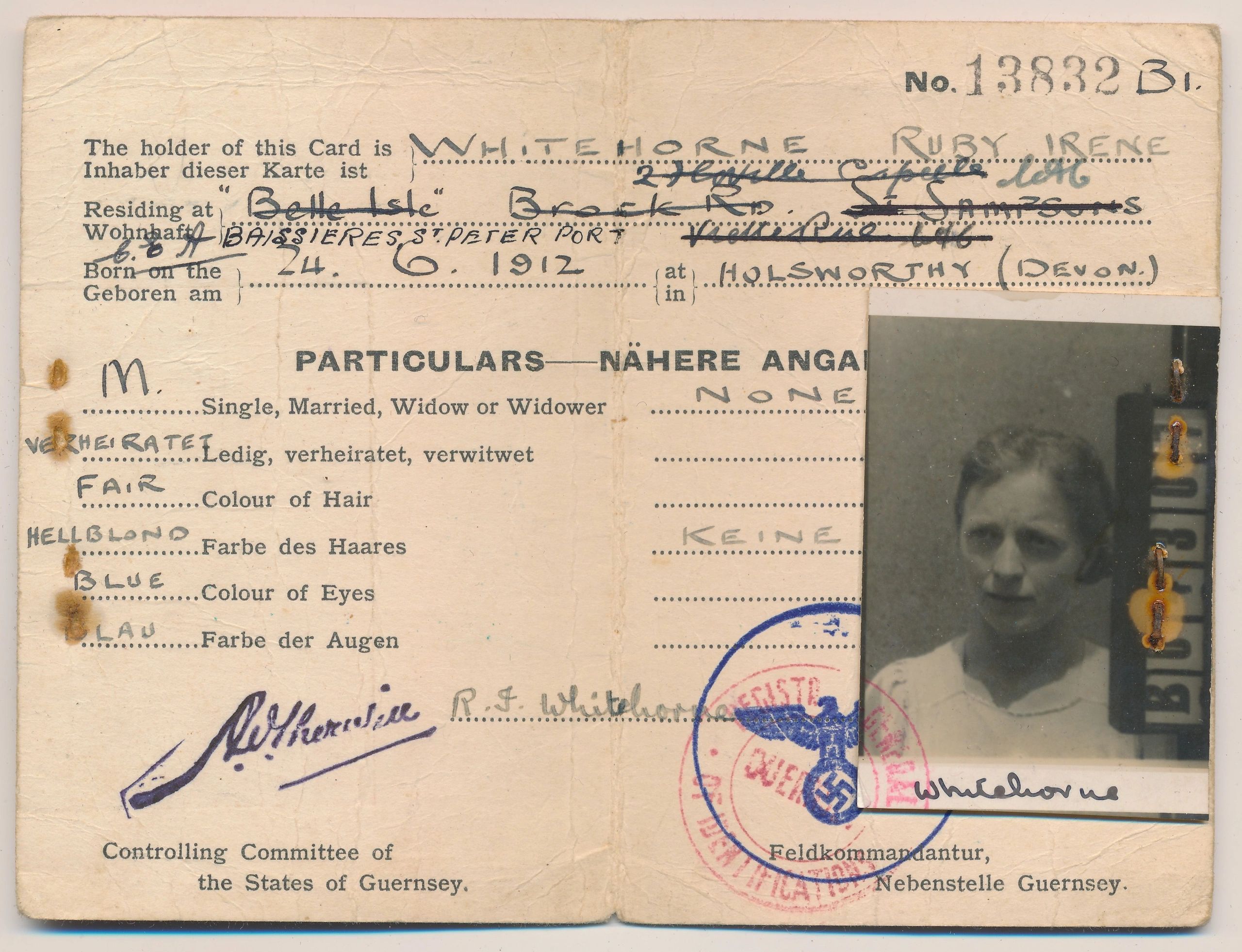 RARE Occupied British Channel Island Guernsey Civilian Identity Card