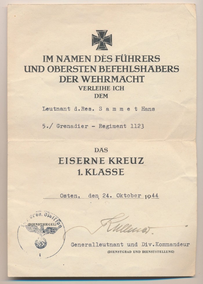 SOLD - Award Document to the Iron Cross 1st Class