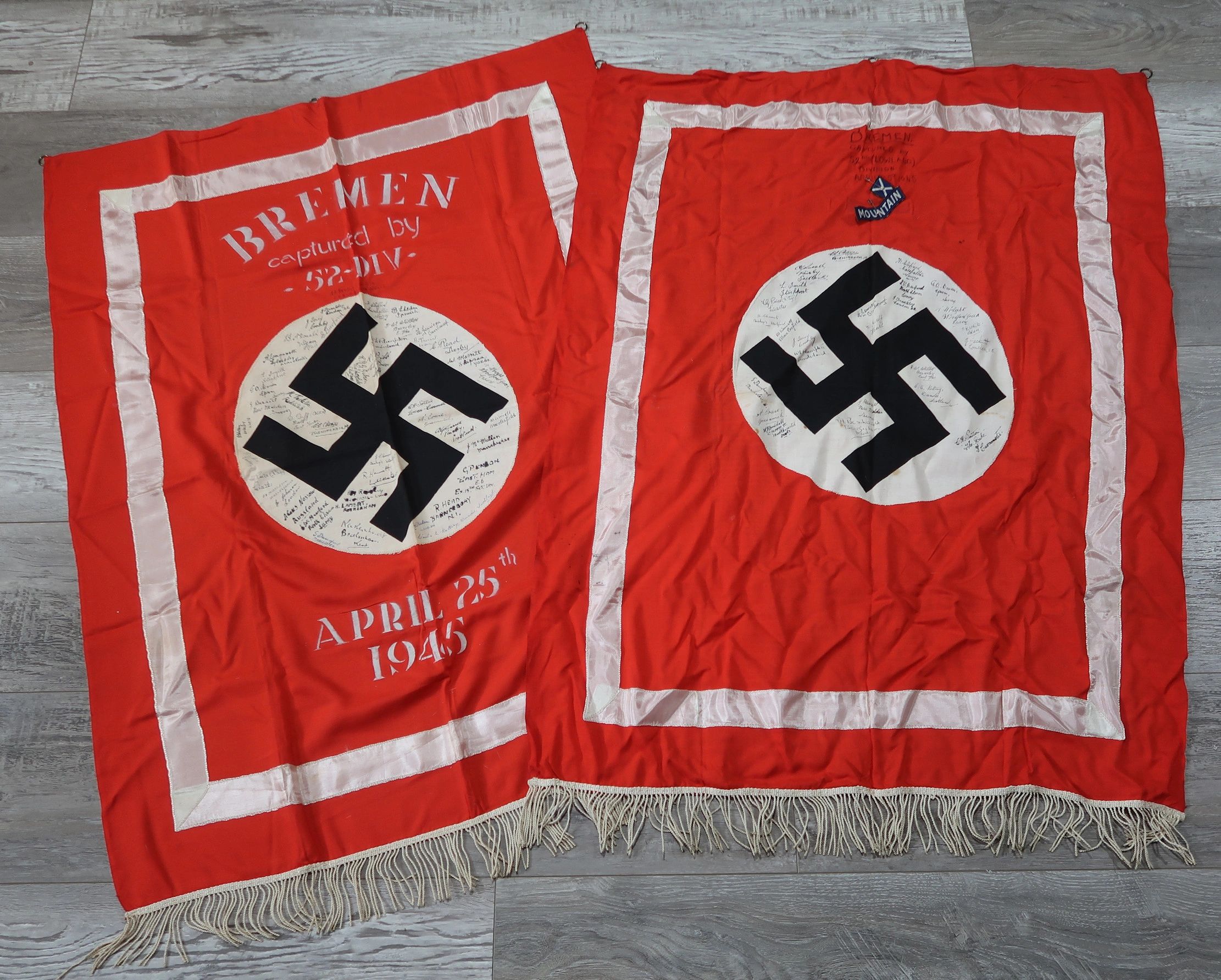 SOLD - PAIR of British Veteran Signed NSDAP Podium Banners