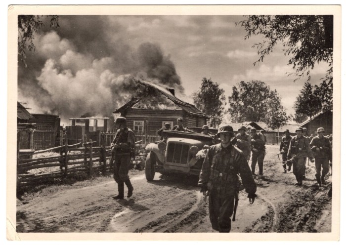 SOLD - SS Men in a Burning Village Postcard