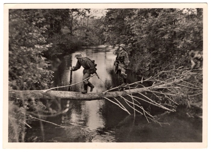 SS Men Crossing a Tree Postcard