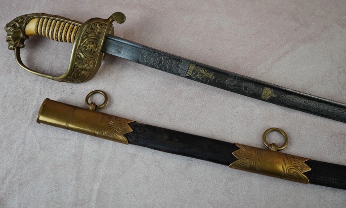 NAMED Imperial German Naval Dress Sword w/ Triple Etched Damascus Blade & Ivory Grip