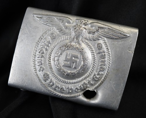 SOLD - SHRAPNEL DAMAGED RZM 822/38 Marked SS Belt Buckle in Aluminum